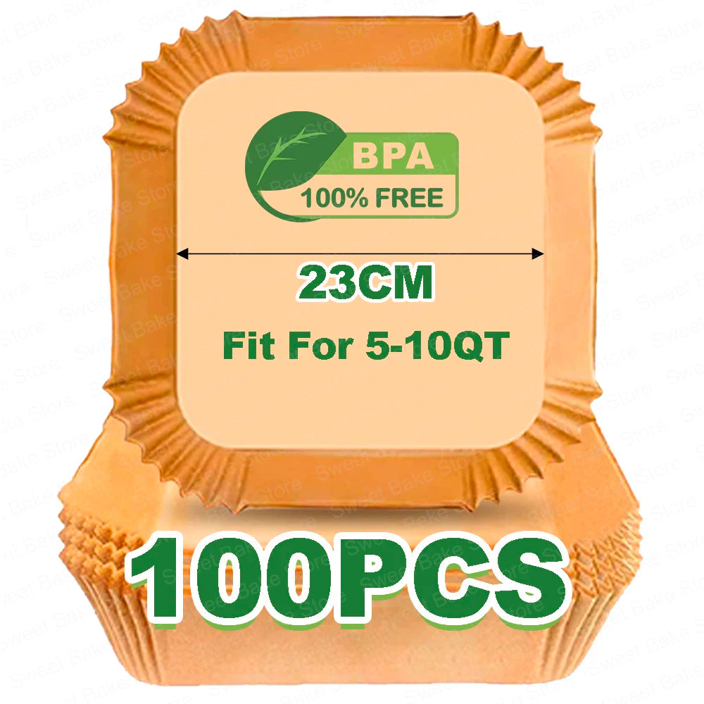 Kitcher Square Air Fryer Parchment Paper Liners – Non-Stick, 3 Sizes (50 or 100 Pcs)