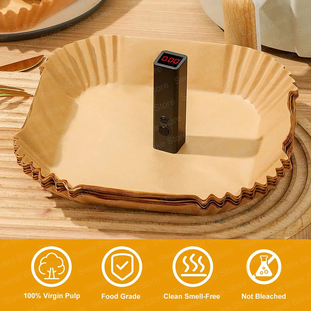Kitcher Square Air Fryer Parchment Paper Liners – Non-Stick, 3 Sizes (50 or 100 Pcs)