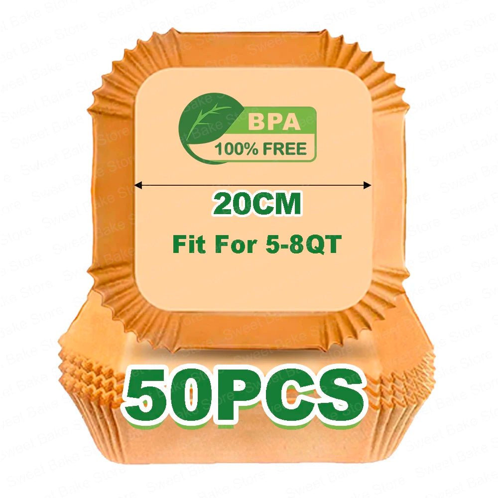 Kitcher Square Air Fryer Parchment Paper Liners – Non-Stick, 3 Sizes (50 or 100 Pcs)