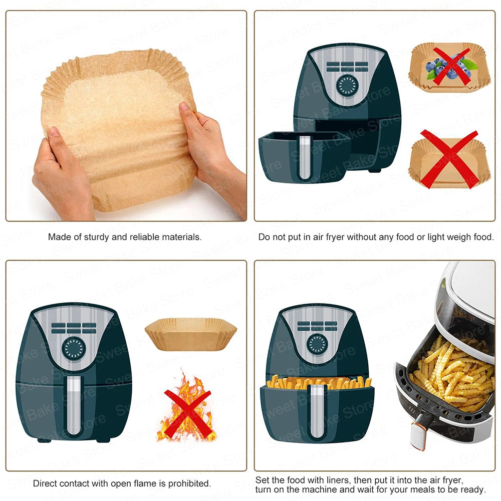 Kitcher Square Air Fryer Parchment Paper Liners – Non-Stick, 3 Sizes (50 or 100 Pcs)