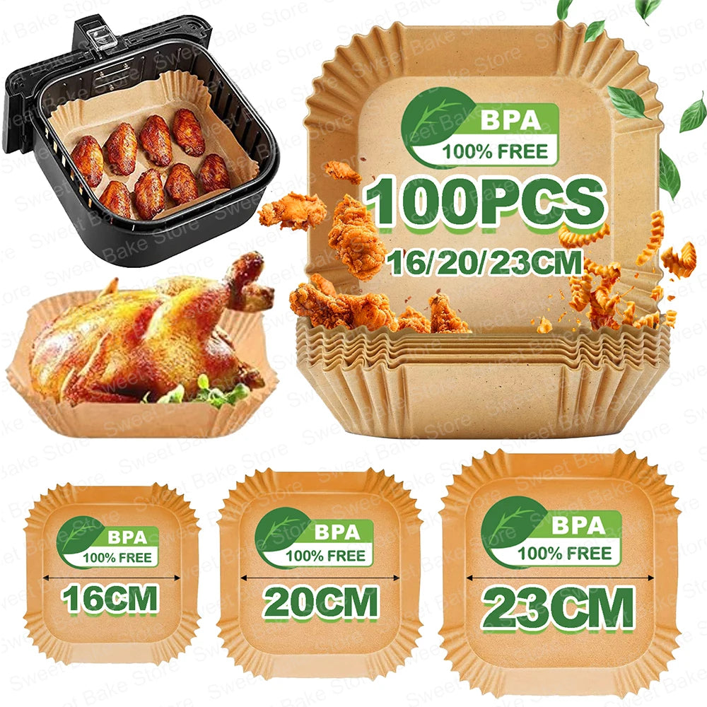 Kitcher Square Air Fryer Parchment Paper Liners – Non-Stick, 3 Sizes (50 or 100 Pcs)
