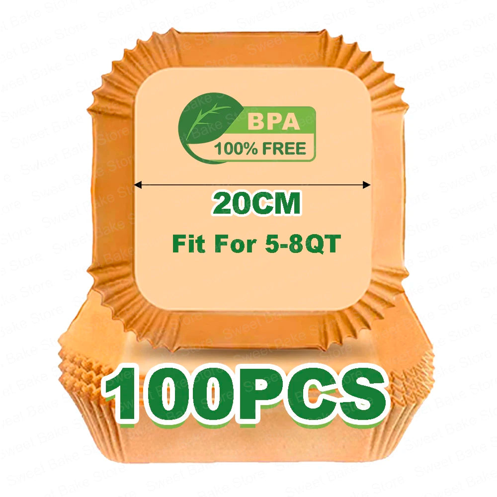 Kitcher Square Air Fryer Parchment Paper Liners – Non-Stick, 3 Sizes (50 or 100 Pcs)